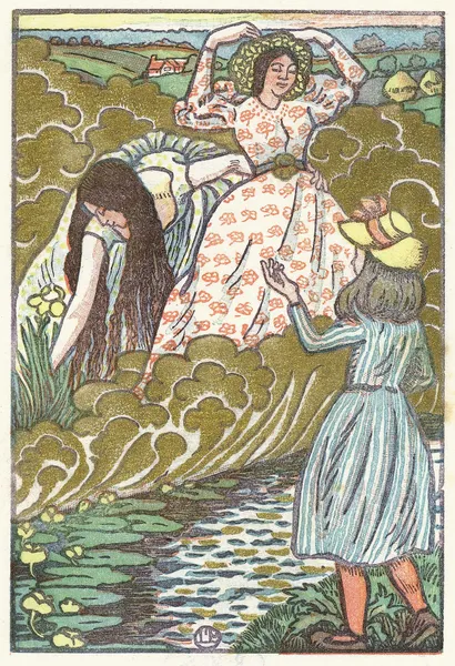 Een meisje en twee vrouwen bij een beek av Lucien Pissarro