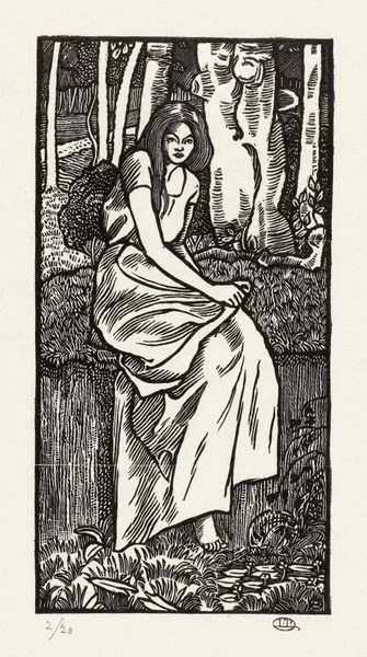 Vrouw in een bos av Lucien Pissarro