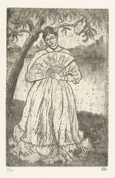 Vrouw met waaier av Lucien Pissarro