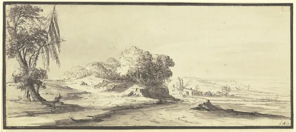 Weite, hügelige Landschaft mit einer Straße av Johann Ludwig Aberli