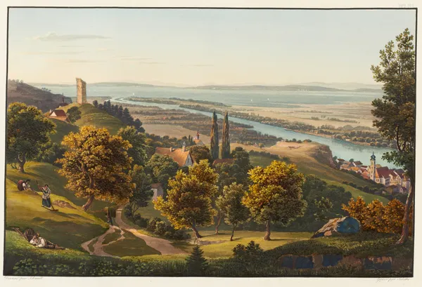 Entrée du Rhin dans le lac de Constance avec la ville et la Ruine de Rheineck av Johann Ludwig Bleuler