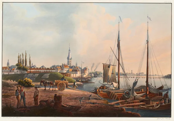 Vue de la ville de Dusseldorf prise de l’Academie av Johann Ludwig Bleuler