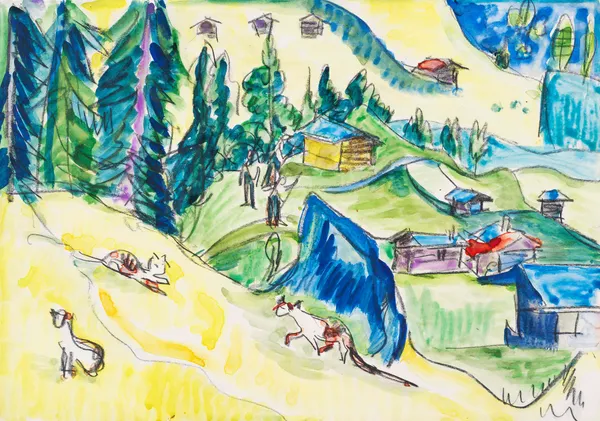 Bergalp mit Hütten und Katzen av Ernst Ludwig Kirchner