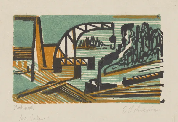 Flusslandschaft mit Kran und Schleppzug av Ernst Ludwig Kirchner