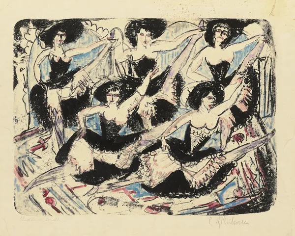 Fünf Tänzerinnen in Parade. – Fünf Spagattänzerinnen av Ernst Ludwig Kirchner
