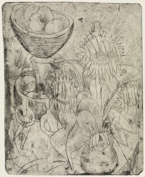 Stillleben mit Sonnenblumen und Obstschale av Ernst Ludwig Kirchner