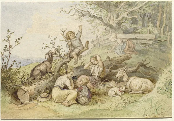 Children And Goats Resting By A Felled Tree av Adrian Ludwig Richter