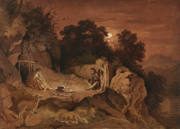 Hirten am Feuer (Abendlandschaft) av Adrian Ludwig Richter