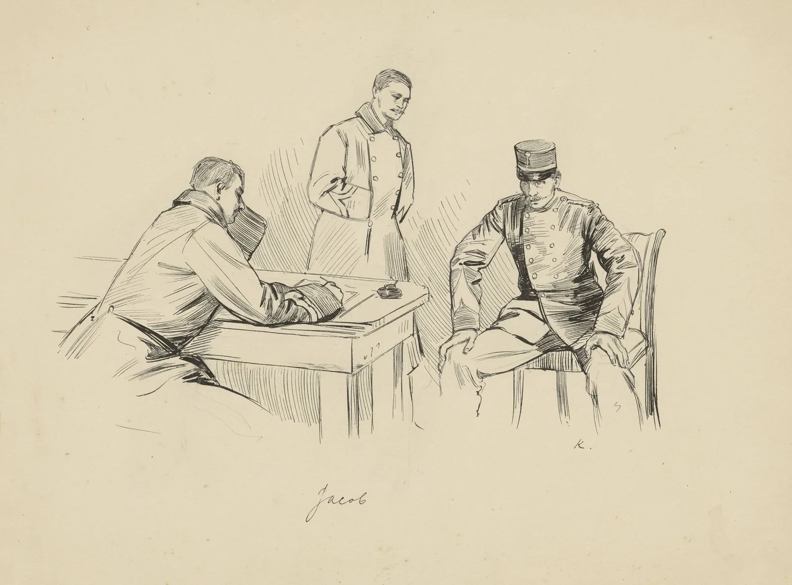 Drie mannen rond een tafel av Hendrik Maarten Krabbé