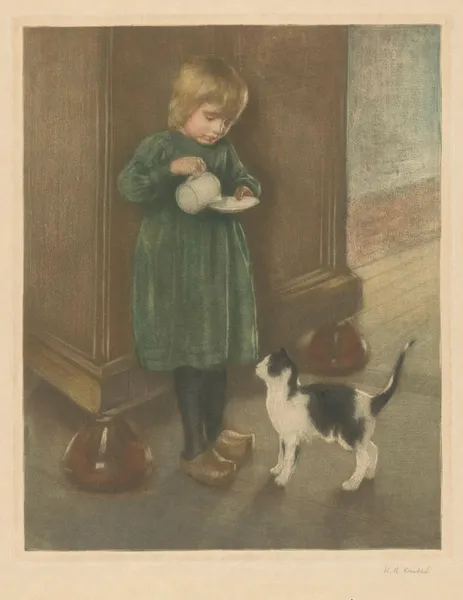 Girl feeding a cat av Hendrik Maarten Krabbé