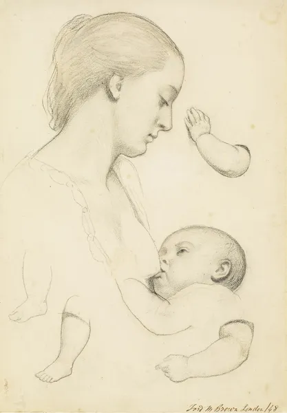 Infant’s Repast – Study of a Mother and Child with separate Arm and Leg Studies of the Child av Ford Madox Brown