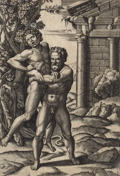 Hercules and Antaeus av Marcantonio Raimondi