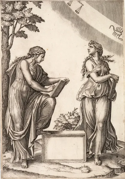 Two Women with the Signs of Libra and Scorpio av Marcantonio Raimondi
