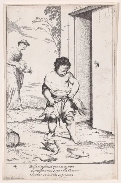 Plate 10; Bertoldino fastening geese to his belt av Giuseppe Maria Crespi