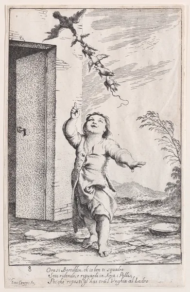 Plate 13; Bertoldino with birds carried off by a kite av Giuseppe Maria Crespi