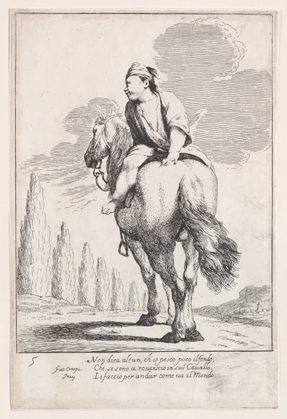 Plate 19; Cacasenno riding a horse backwards av Giuseppe Maria Crespi