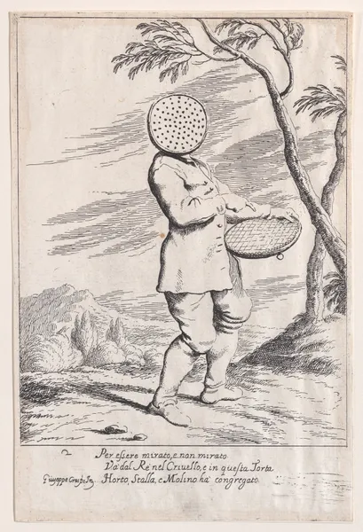 Plate 2; Bertoldo holding a tart in his hand and wearing a sieve on his head av Giuseppe Maria Crespi
