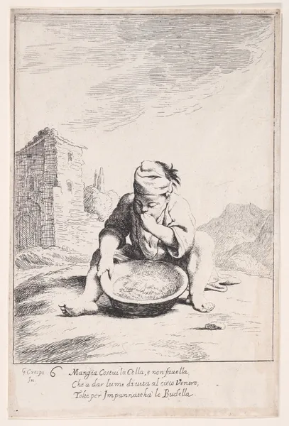 Plate 20; Cacasenno eating a bowl of pasta av Giuseppe Maria Crespi