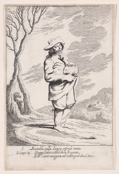 Plate 3; Bertoldo holding a hare in his hand av Giuseppe Maria Crespi