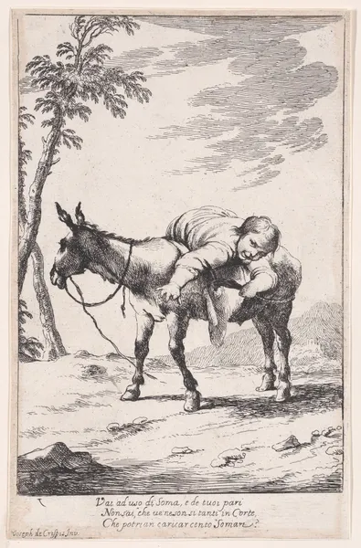 Plate 7; Bertoldino lying on a donkey av Giuseppe Maria Crespi