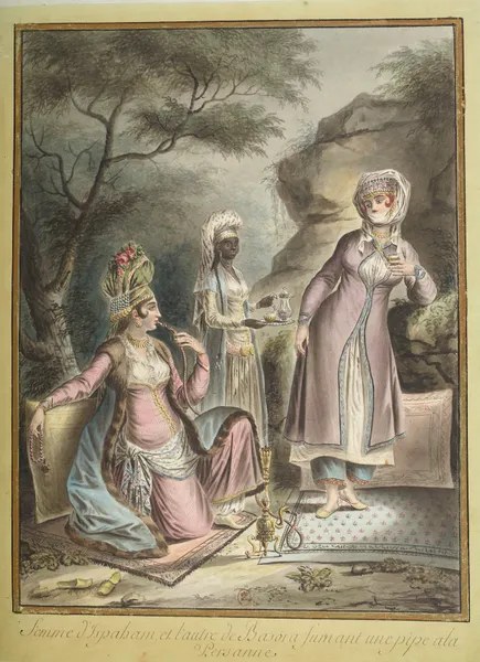 Femme d’Ispahan, et l’autre de Basora fumant une pipe à la Persanne av François-Marie Rosset