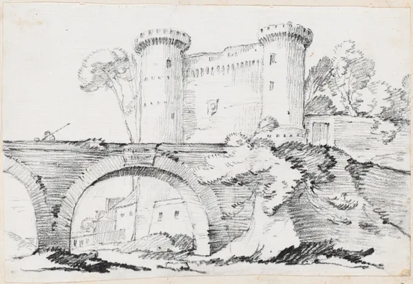 A Stone Bridge and the Fortified Entrance to a Town av Joseph-Marie Vien
