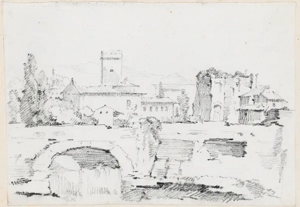 An Italian Town with a Stone Bridge and a Waterfall av Joseph-Marie Vien