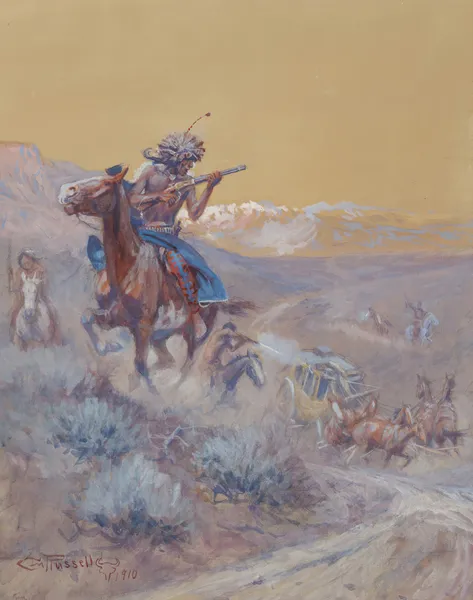 The Stage Ahead of Us Had Been Attacked By Indians And Burned (Indian Attack) av Charles Marion Russell