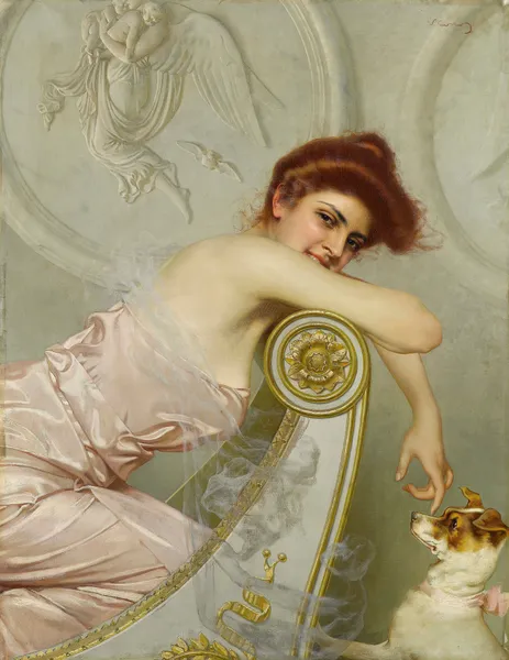 Young lady with puppy (c1895) av Vittorio Matteo Corcos