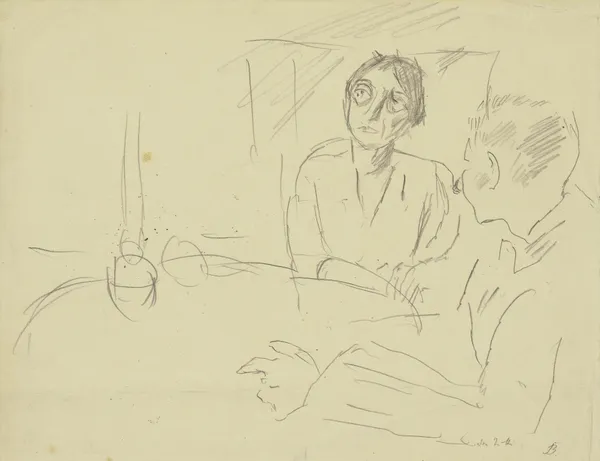Frau und Mann an rundem Tisch sitzend av Max Beckmann