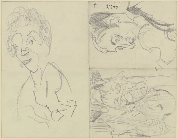 Frauenkopf, ein Geiger, zwei Bassisten (Drei verschiedene Skizzen auf einem durch Faltung in vier Felder unterteilten Papierbogen) av Max Beckmann