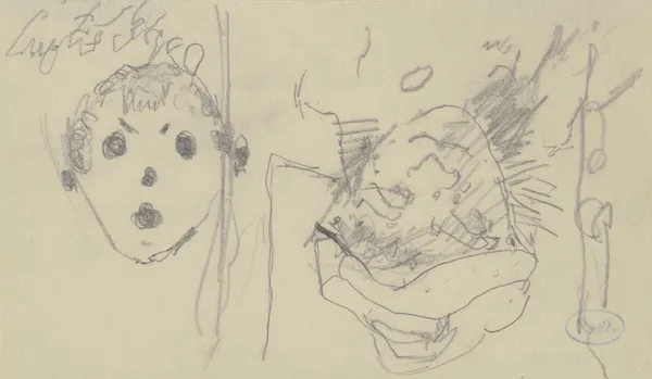 Kopf einer Frau mit Hut sowie eine – bei Drehung des Papiers um 180 Grad gezeichnete – schematische Fratze av Max Beckmann