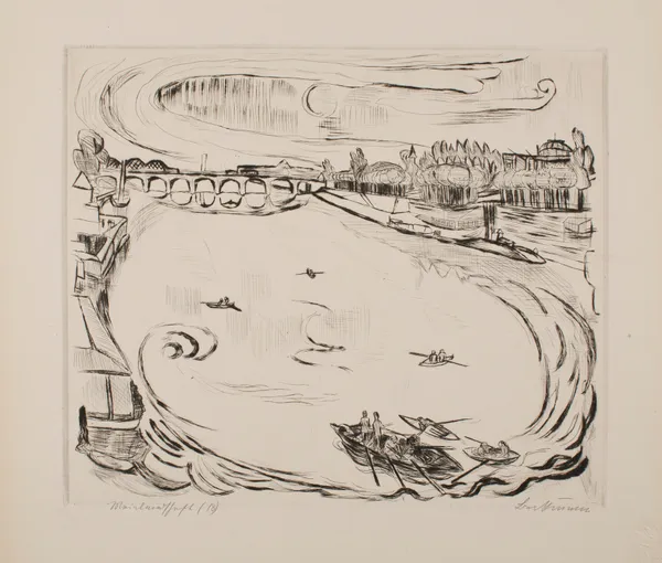 Main River Landscape, plate 6 from the portfolio ‘Faces’ av Max Beckmann