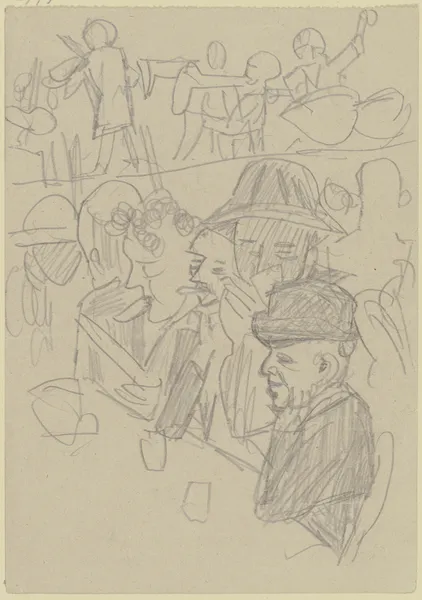 Männer an einem Tisch mit Gläsern, im Hintergrund eine Musikkapelle av Max Beckmann