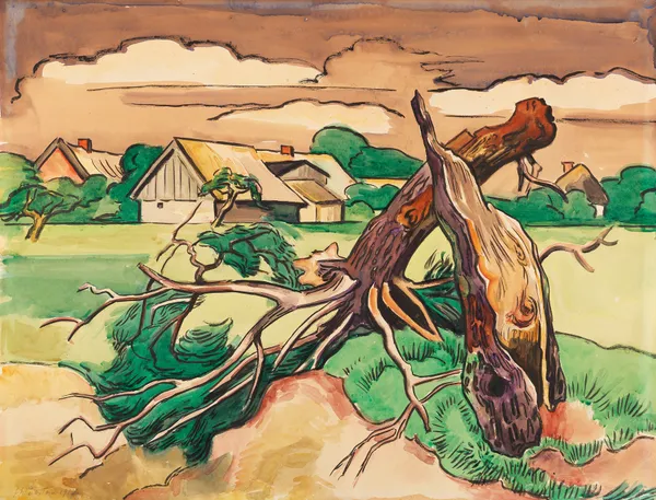 Broken tree in front of a Pomeranian village landscape av Hermann Max Pechstein