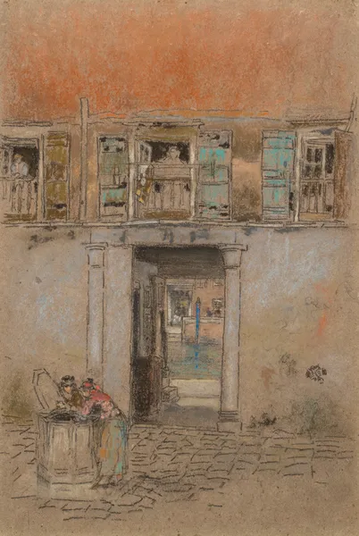 Courtyard on Canal; Grey and Red av James Abbott McNeill Whistler