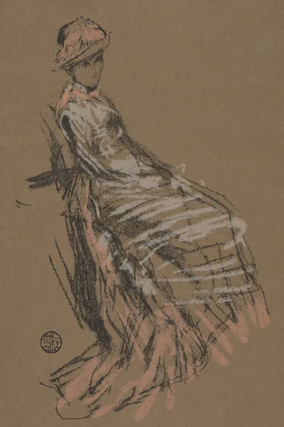 Seated woman in pink and white, wearing hat av James Abbott McNeill Whistler