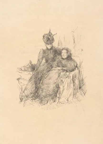 Young lady in a hat, sitting with her arm around an older lady av James Abbott McNeill Whistler