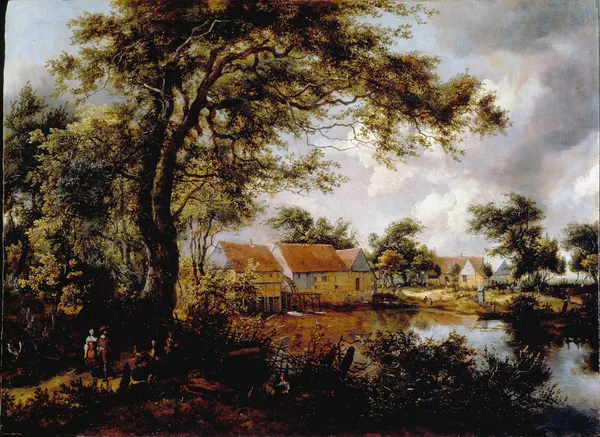 Wooded landscape with a Water-mill av Meindert Hobbema