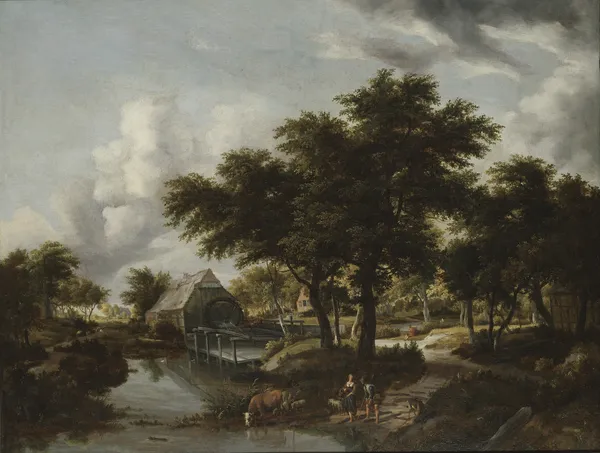 Wooded Landscape with a Watermill av Meindert Hobbema