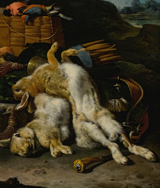 A Brace Of Rabbits And Small Birds With Hunting Equipment In A Landscape av Melchior d'Hondecoeter