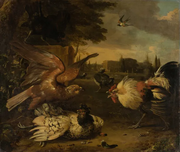 A Cock Defends a Hen from an Attacking Bird of Prey av Melchior d'Hondecoeter