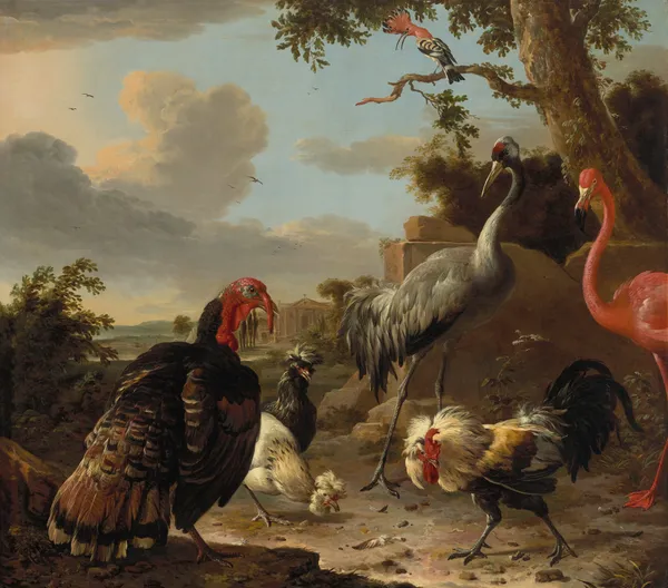 A sarus crane, a flamingo, a wild bronze turkey cock, two Paduan fowl, a silver birchen game cockerel, and a hoopoe in a landscape av Melchior d'Hondecoeter