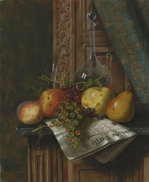 Still Life with Munich Newspaper, Fruit and Decanter av William Michael Harnett