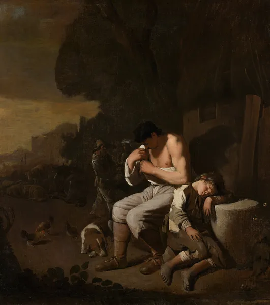 A Sleeping Boy and a Man Removing Fleas from Himself av Michael Sweerts