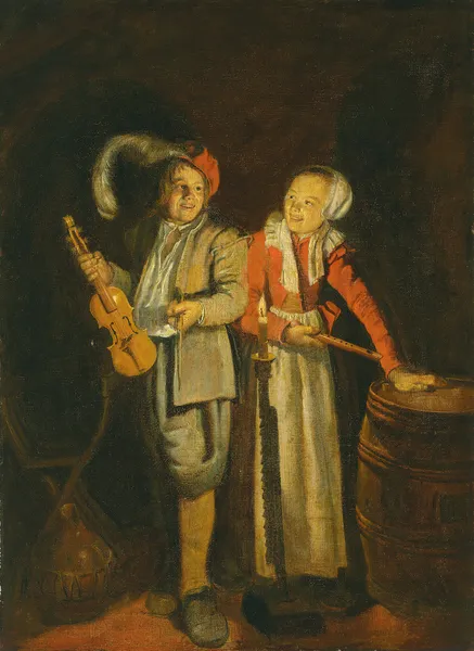 A boy and a girl playing music by candlelight av Jan Miense Molenaer