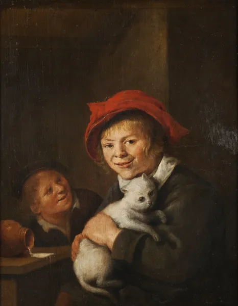 Two boys playing with a cat av Jan Miense Molenaer
