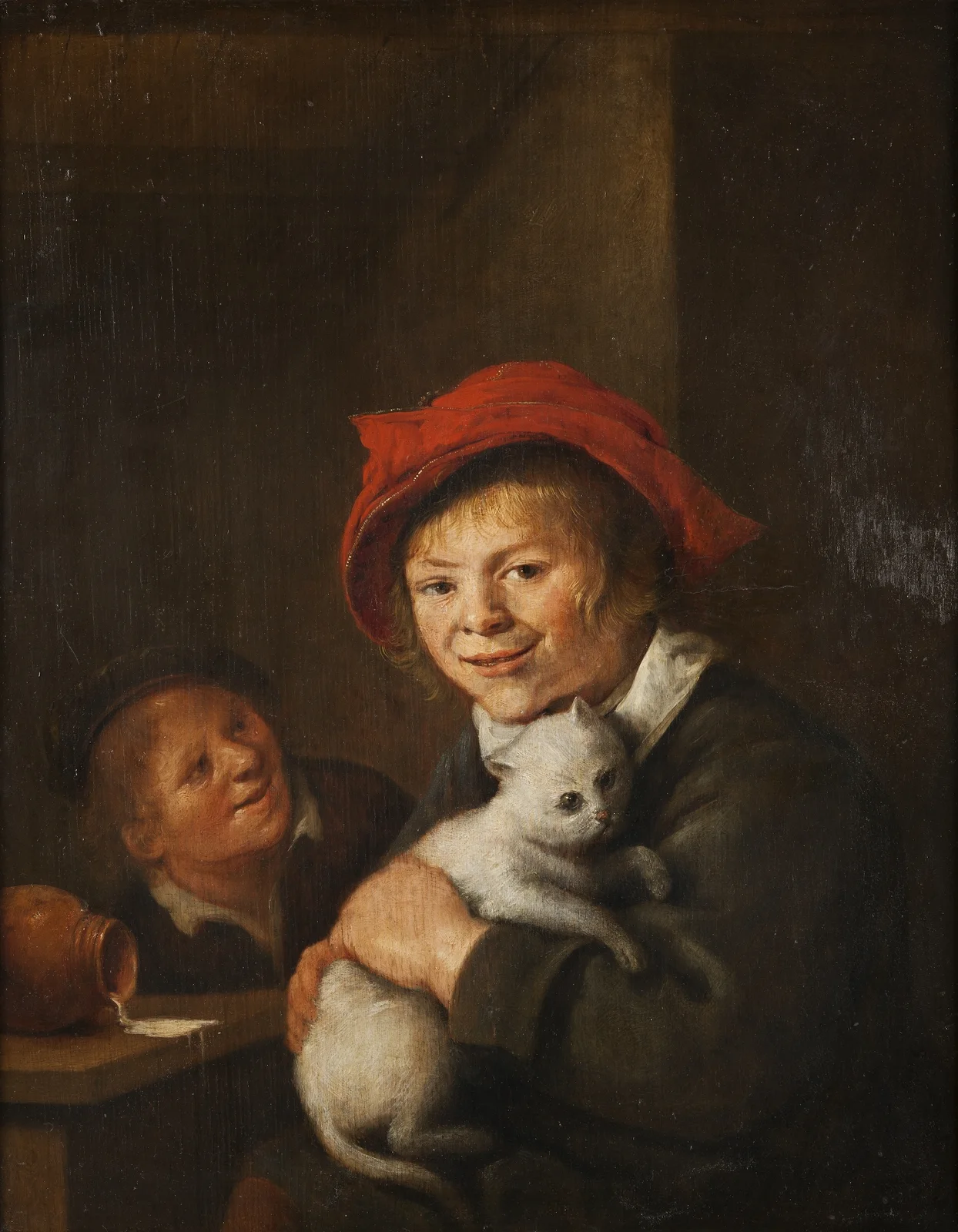 Two boys playing with a cat av Jan Miense Molenaer