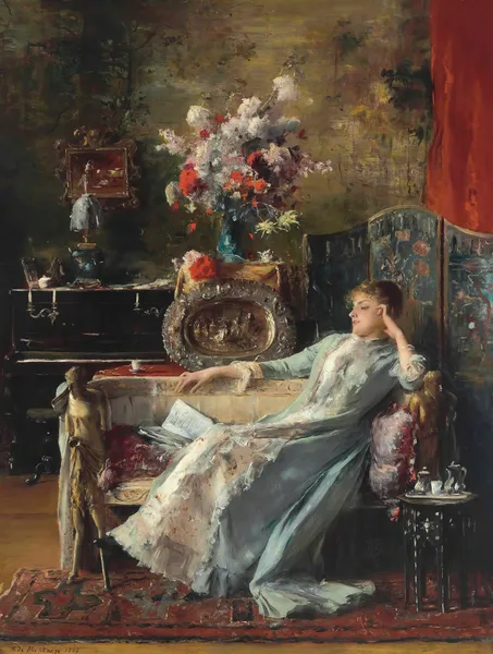 Young Woman sitting on a Sofa av Mihály Munkácsy