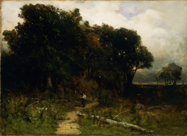 Untitled (landscape, woodcutter on path) av Edward Mitchell Bannister